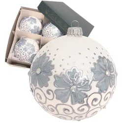 Krebs Glas Lauscha Kugeln Blumen & Wirbel, Weiß Satin, Blau/Silber Dekor, Strass, 10cm