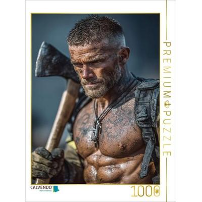 CALVENDO Puzzle Heißer Feuerwehrmann mit Axt und nacktem Oberkörper | 1000 Teile Lege-Größe 64x48cm Foto-Puzzle für glückliche Stunden