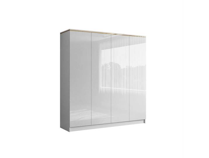 Lookway Kleiderschrank Aurora 4D, Weiß Hochglanz, Weiß, Uni, 2 Schubladen, Rechteckig, 200x213x57 cm, Schlafzimmer, Kleiderschränke