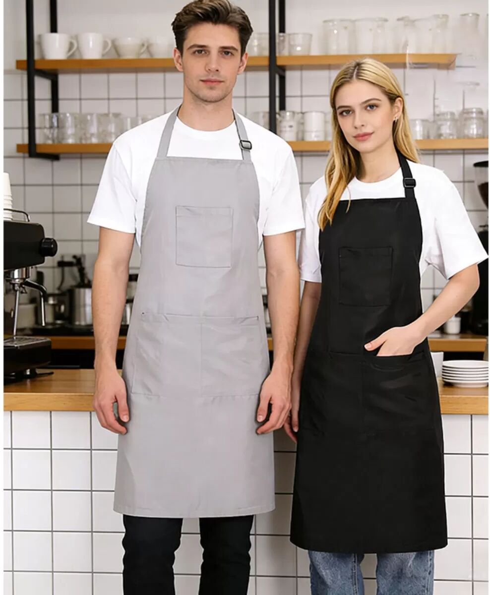 INF Tablier bavette en polyester noir - Résistant aux taches, col halter pour cuisine, restaurant, barista, serveur, coiffeur,
