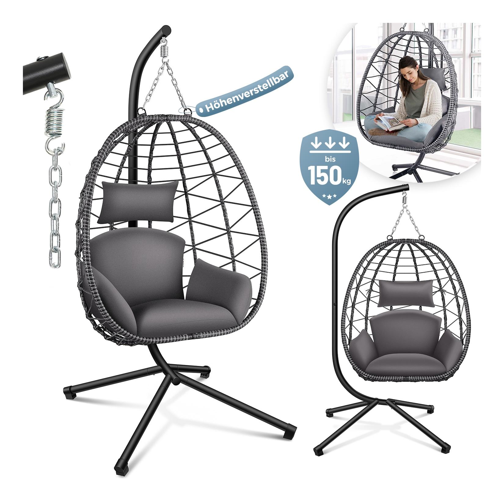 Makika Hängesessel mit Gestell höhenverstellbar aus Polyrattan in Grau