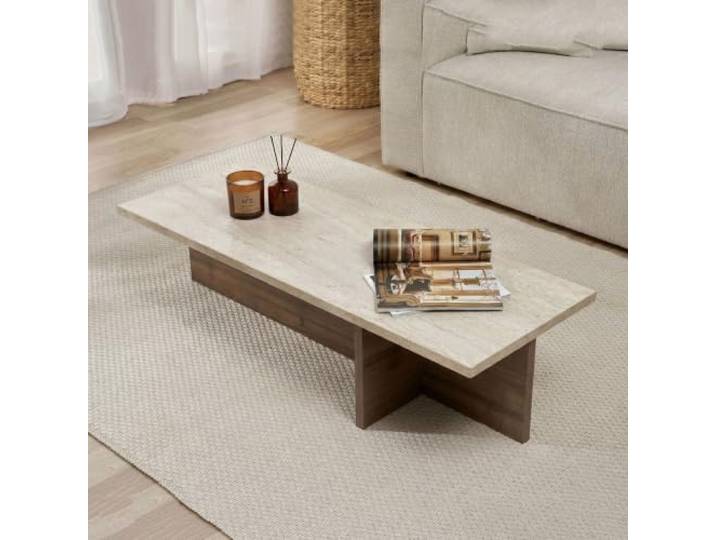 Dmora Qelsar Couchtisch 120 x 45 x 30 (H) cm, Walnuss, rechteckige Form, Material Platte aus Spanholz, Farbe Platte weiß