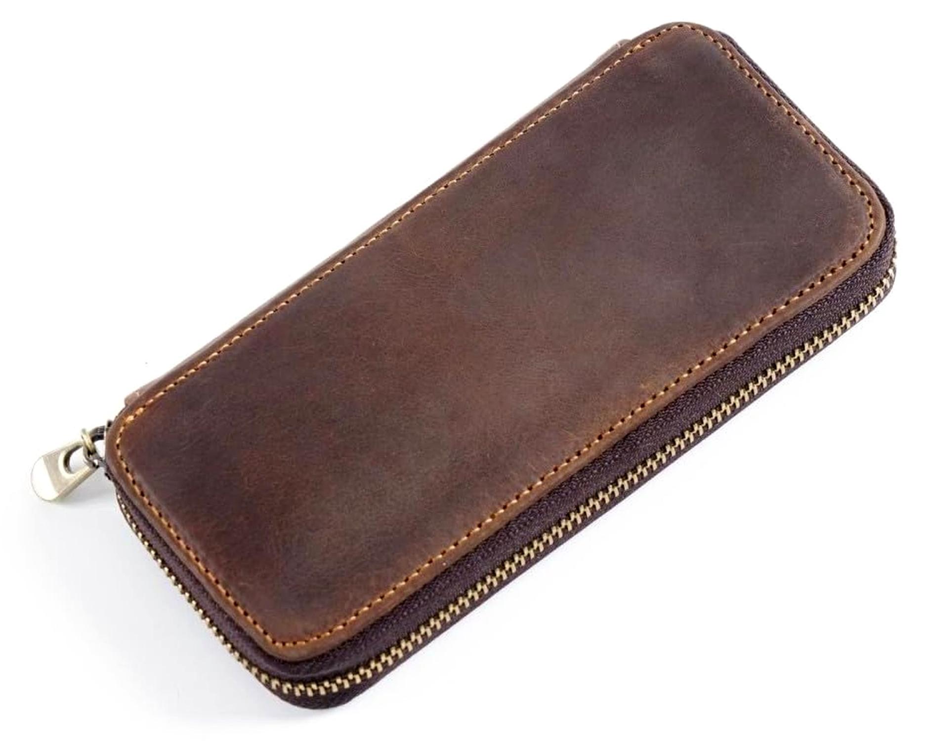 Leder Schreibetui, Vintage Stiftmappe, Retro Stifteetui Federmappe Schlamppermäppchen mit Kartenklammer und 3 Schlaufen für Schul und Büromaterial, 16,5×8 cm