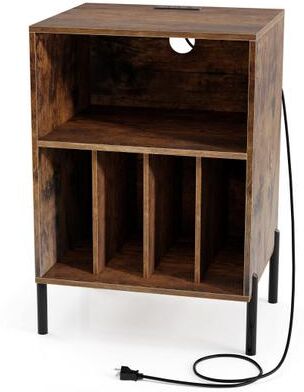 Costway Record Player Stand with Record Storage Shelf and Charging Station-Coffee