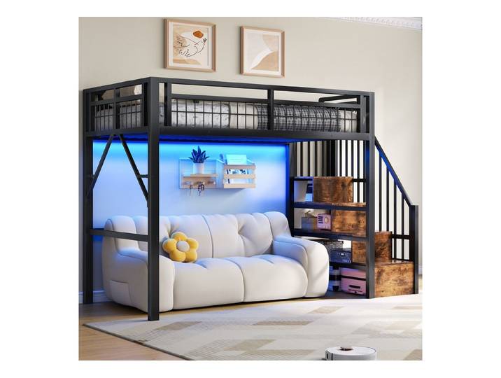 STILVORA Hochbett 90x200 Jungendbett mit LED-Lichtleiste Treppenschrank und Freier Rau (Funktionbett, Treppenkonstruktionen mit Stauraum, offene Design, Freier Raum zum Verkleiden) schwarz/weiß