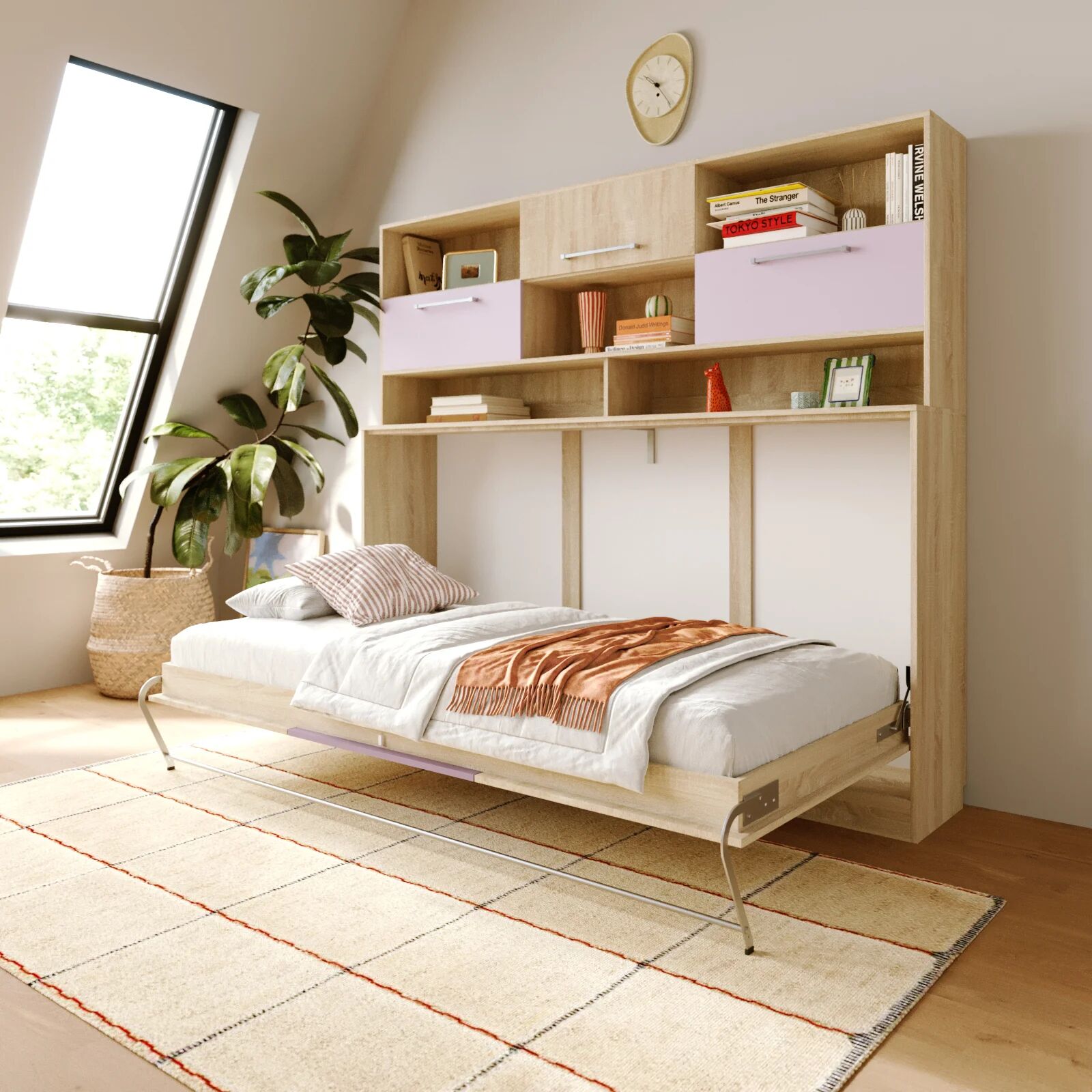garneroarredamenti Letto a scomparsa orizzontale 90x200cm singolo con libreria rovere rosa Alvin Gihome®