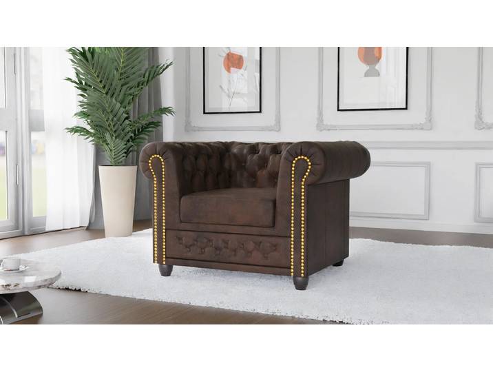 S-Style Möbel Wilhelm - Chesterfield Sessel aus Vintage Optik Microfaser mit Holzfüßen - Dunkelbraun