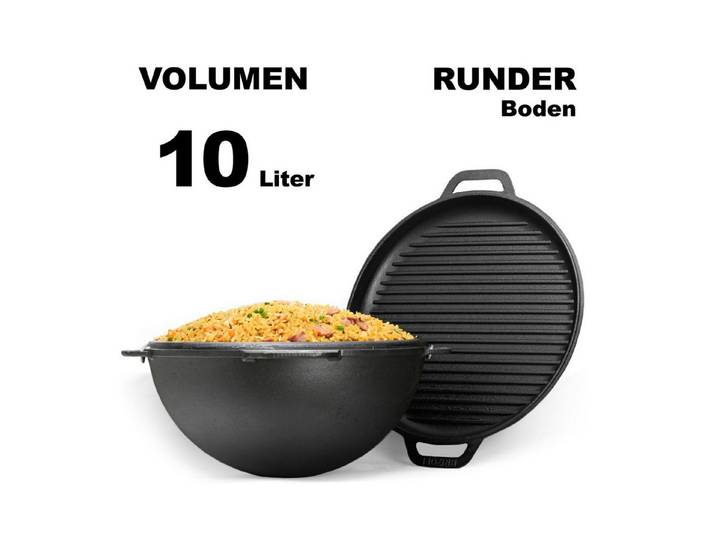 BIG-PAN Wok 10L Schwenktopf Gusseisen Kasan Deckel-Grillpfanne