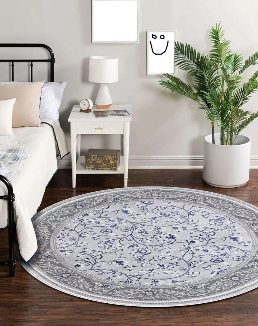 Rosalind Wheeler Floral Flatweave Flokati Blue Round 120 cm