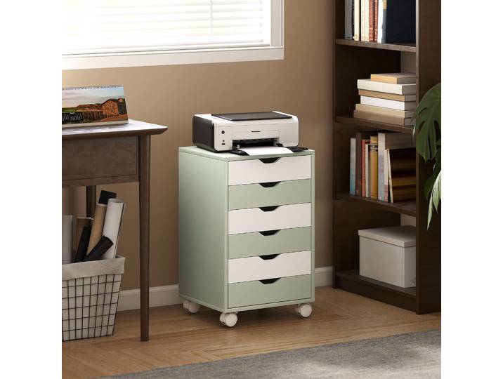HOMCOM Caisson Mobile 6 Tiroirs Roulettes Vert Bureau Maison