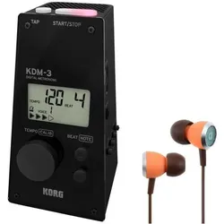 Korg Metronom KDM-3 Digital mit 19 Taktarten Schwarz mit In-Ear Kopfhörern, Stimmgerät, Schwarz