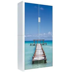 easyOffice Rollladenschrank Motiv Steg im Meer silber, 110x204x41.5 cm