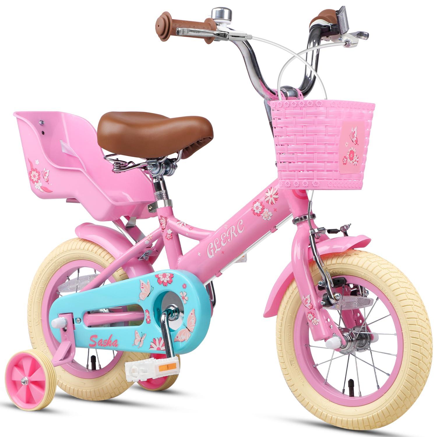 12-Zoll-Kinderfahrrad, Mädchen, rosa, mit Puppensitz, Korb & Stützrädern