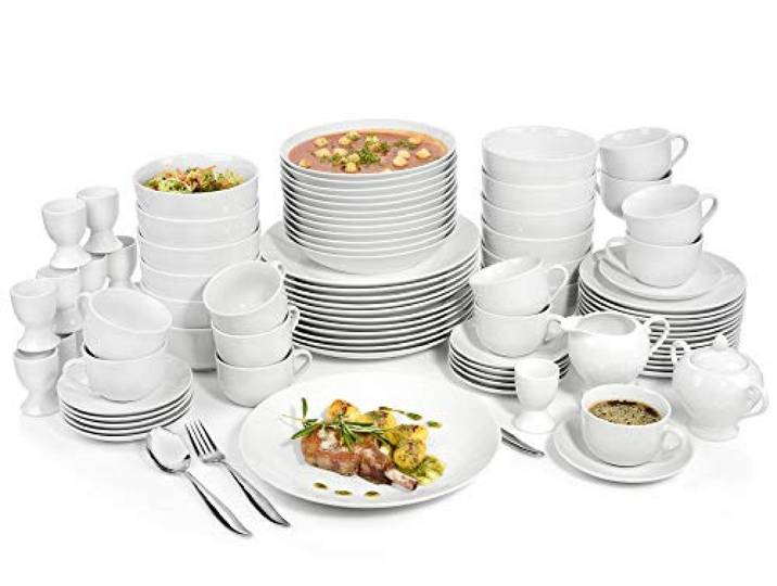 SÄNGER New Port Geschirrset für 12 Personen, 86-teilig aus weißem Porzellan Komplettes Kombiservice mit Teller Set, Kaffeetassen, Eierbechern, Milchkännchen und Zuckerdose – ideal für Alltag und Gäste