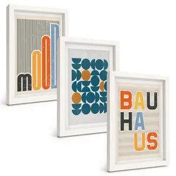 BILDER SET 3er Set - 20x30 cm Weißer Rahmen - Geometrische Muster im Bauhaus-Stil