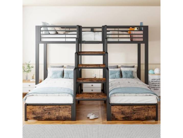 Merax Etagenbett Metallrahmen 90x200 cm mit zentraler Treppe, Sicherheitsgeländern, Schubladen und robuster Stahlkonstruktion – für Kinder, Jugend- und Gästezimmer, Schwarz (Ohne Matratze)