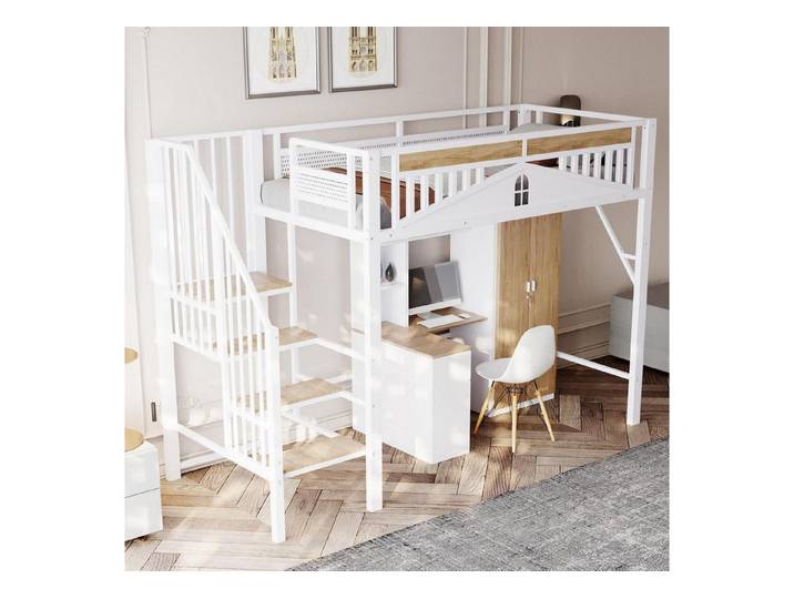 LuxusKollektion Hochbett Etagenbett Hochbett 90x200 Weiß mit Fenster & Treppe (1-St)