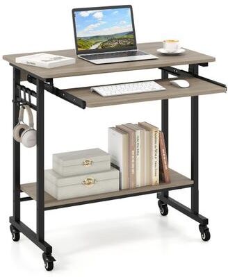 Costway Rolling Laptop Table with Pull-out Keyboard Tray and Hooks-Grey