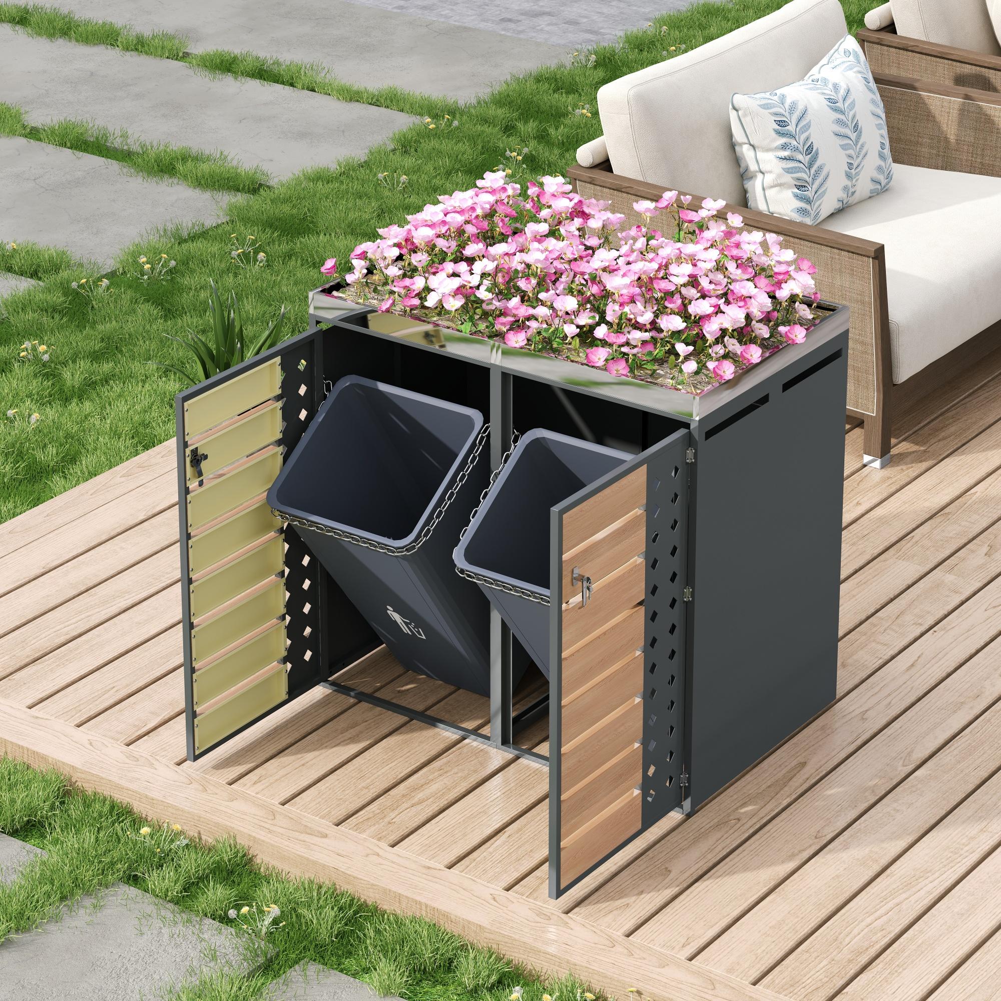 MODFU Mülltonnenbox Zwei Türen horizontale Holzmaserungspaneele mit integriertes Pflanzgefäß Abschließbar für den Garten geeignet Grau
