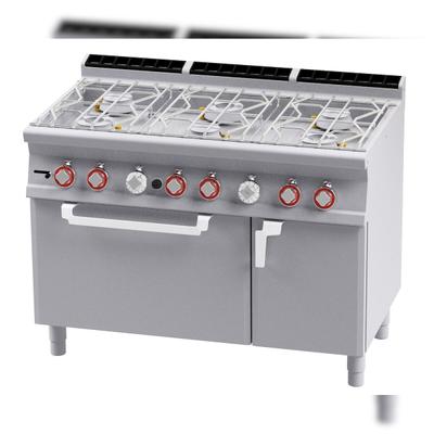6-flammiger Wasserkocher mit statischem Gasbackofen GN2/1. Zündflamme. Struktur aus rostfreiem Stahl. Abmessungen 120x70,5 h90 cm. Modell CFA6-712GPV