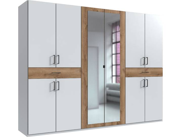 Drehtürenschrank WIMEX Tibet , weiß (weiß, absetzung plankeneiche nachbildung), B:270cm H:208cm T:58cm, Holzwerkstoff, Schränke, Drehtürenschrank, mit Schubkästen auf bequemer Zugriffshöhe