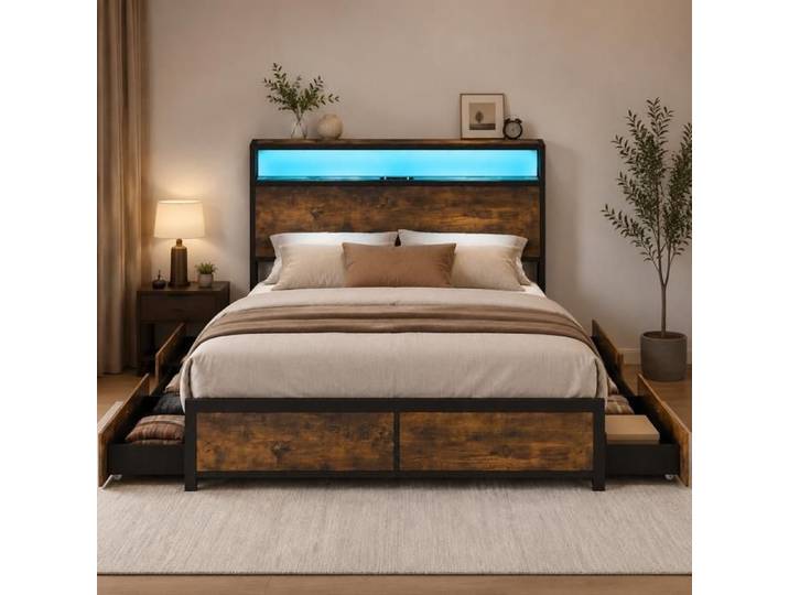 Lit plateforme LED - PAGE Living - double avec tiroirs silencieux brun rustique