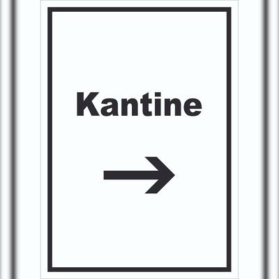 Kantine Schild mit Text und Richtungspfeil rechts essen und trinken hochkant A1 Rückseite selbstklebend
