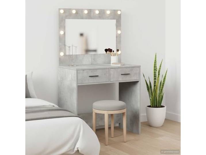 LPERTGFHU Schminktisch Beton Grau, Frisiertisch mit LED Spiegel Modernes minimalistisches Design, Inklusive USB Beleuchtung, Robust & Langlebig