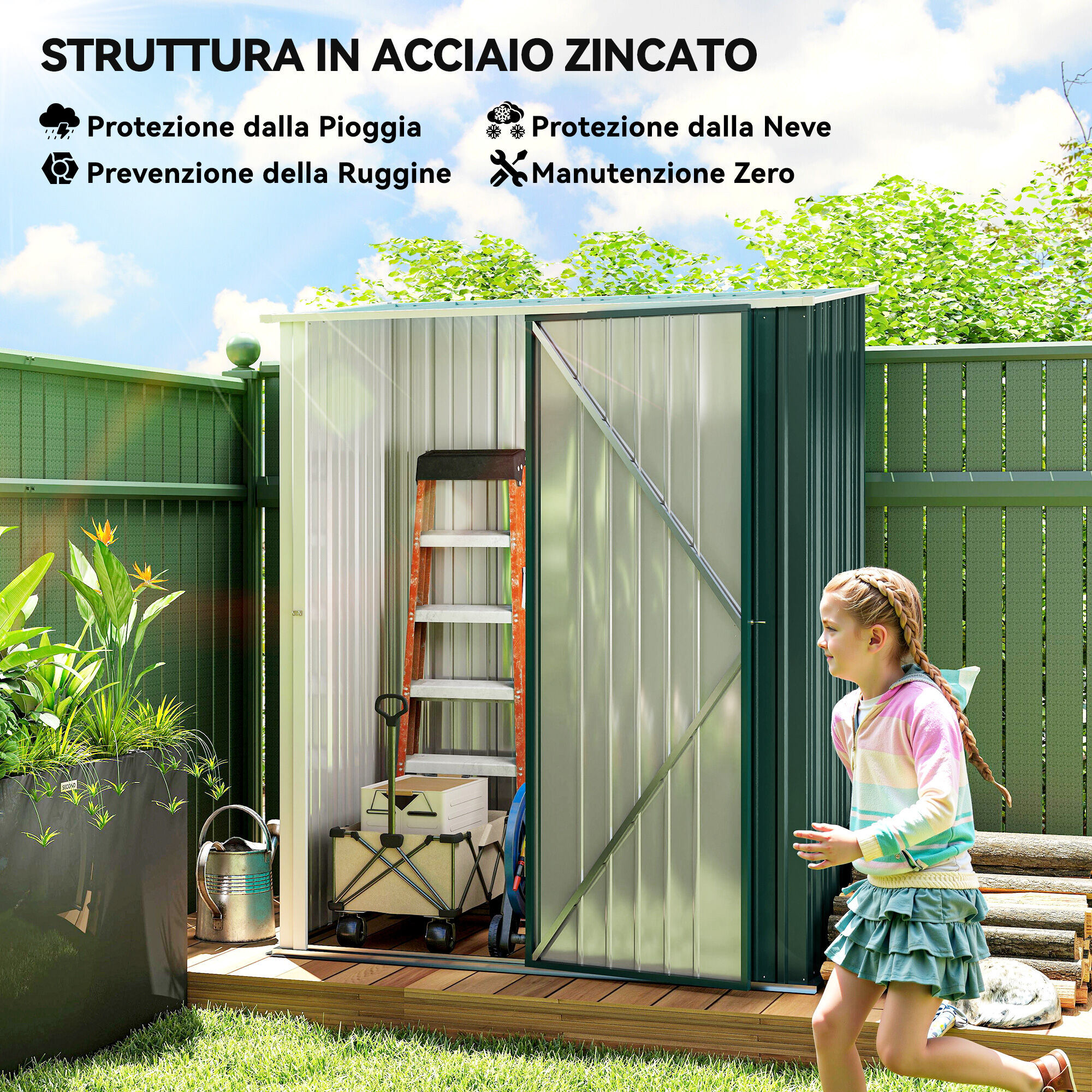 Altro Casetta Da Giardino In Acciaio Porta Attrezzi Con Catenaccio, 161.5x94.5x196cm, Verde