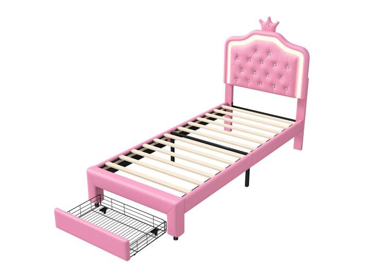 Polsterbett 90x200 cm mit LED-Leuchten & Schubladen, Lattenrost und Rückenlehne, Rosa, Mode, 90x200 cm, Schlafzimmer, Betten, Polsterbetten