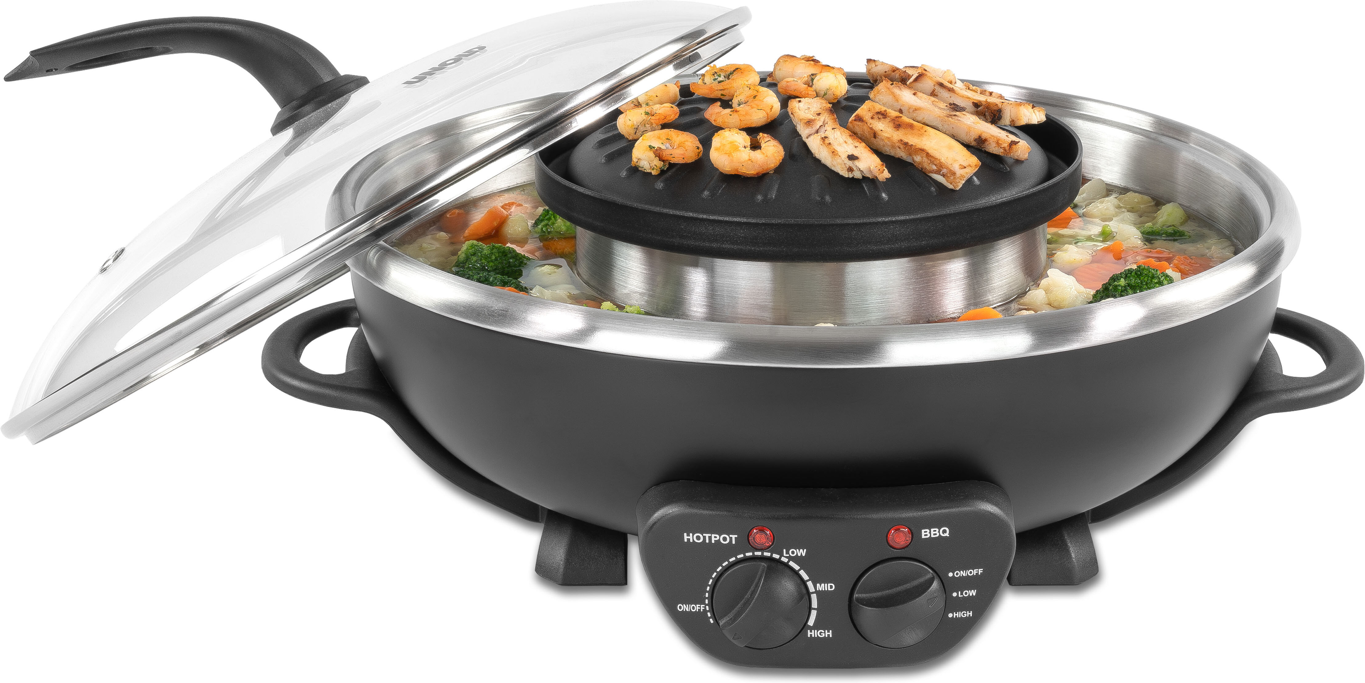 UNOLD Fondue "Asia Hot Pot", schwarz, B:45cm H:25cm T:40cm Ø:45cm, Fondues, Genoppte Antihaft-Grillplatte, inklusive 4 Fondue-Körbchen, Fondue