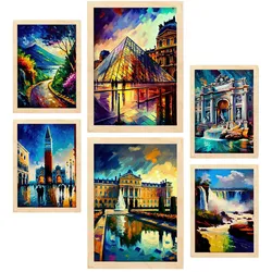 POSTER Set Mit 6 Winkel Im Ölgemälde Stil A3 & A4 Rahmen Aus Hellem Holz