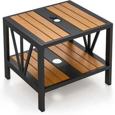 Costway Outdoor Side Table with Umbrella Hole and Storage Shelf for Porch