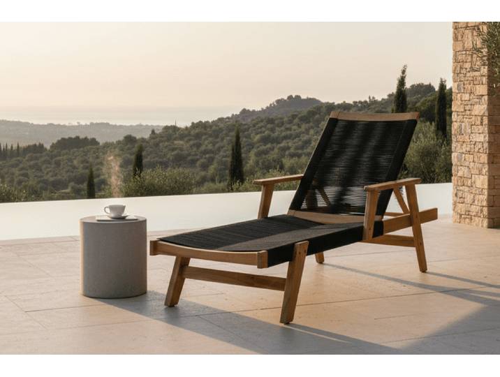 Garten Sonnenliege Ferano - verstellbar aus Akazienholz & Polyesterseil - Schwarz-Natur - Luxusbetten24