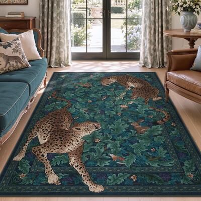 BLUEBELL Morris Jungle Leopard Print Area Rug   3-Way Stain Resistant   Non-Slip Backing + 4 Tapes   Machine Washable