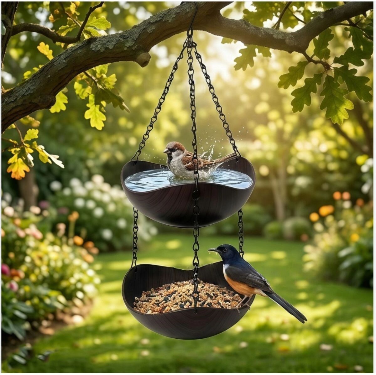 INF Doppelstöckiges hängendes Vogelbad und Futterstelle – Holz- und Metall-Badeschale für Garten und Balkon Braun