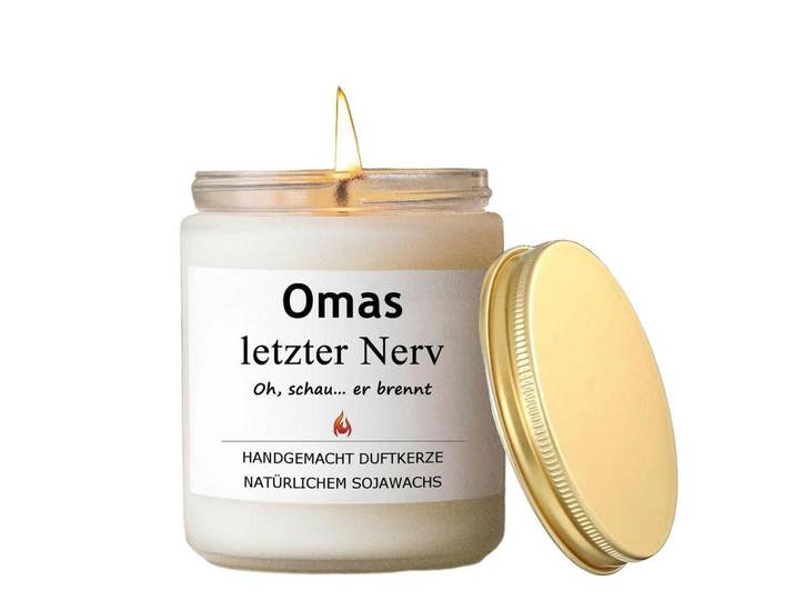 Kerze im Glas Omas letzter Nerv Sojawachs, Goldfarben, Paraffin, 9.1 cm, Dekoration, Kerzen & Kerzenhalter, Duftkerzen