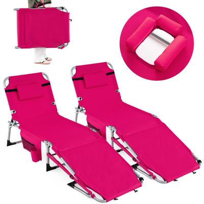 Costway Set of 2 Tanning Chairs with Face Arm Holes Portable with 4-Level Backrest-Pink