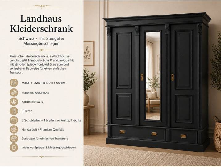 Wohnpalast Kleiderschrank Premium 3-türiger Kleiderschrank schwarz – Weichholz, Landhausstil, mi