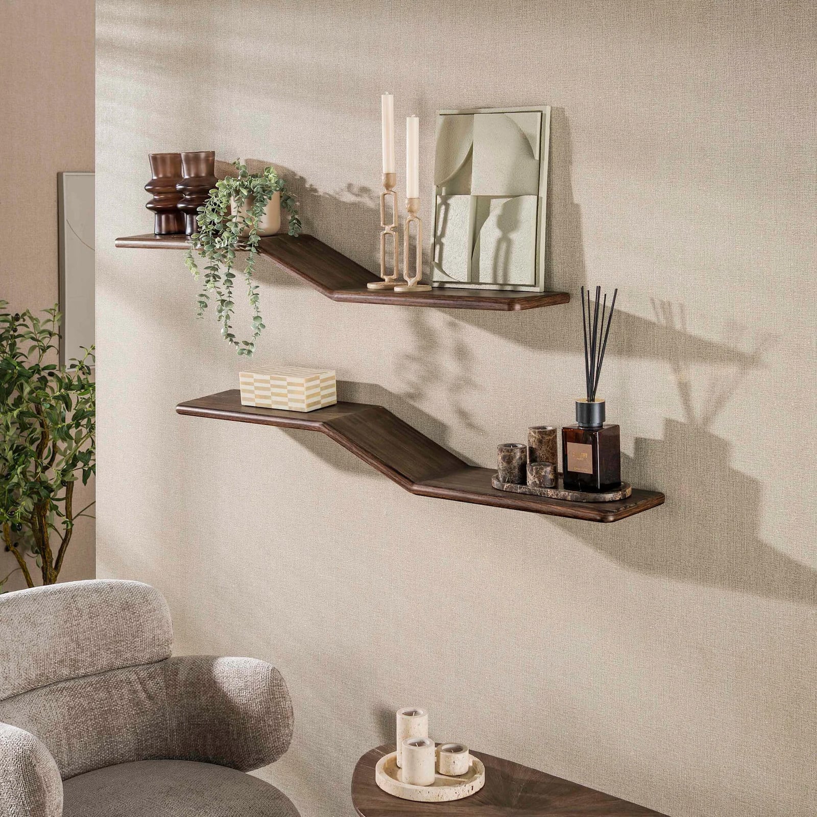 WoonStijl Wandplank Maya S-shape set van 2 Teak Espresso