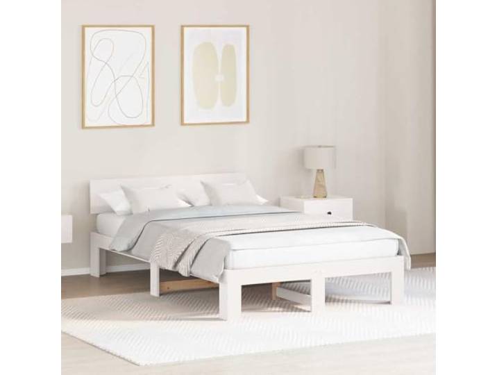 Minimalistisches Design Schlafzimmer Bettgestell Weiß 140 x 190 cm Bettgestell Bettrahmen mit Kopfteil Weiß 140x190 Massives Kiefernholz Lattenrost Stabil Bett fuer Schlafzimmer Gaestezimmer