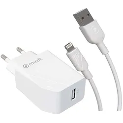 Muvit For Change Pack Chargeur Secteur 12w+Cable Lightning 1.2m Blanc (12 W, 1 Port), USB Ladegerät, Weiss