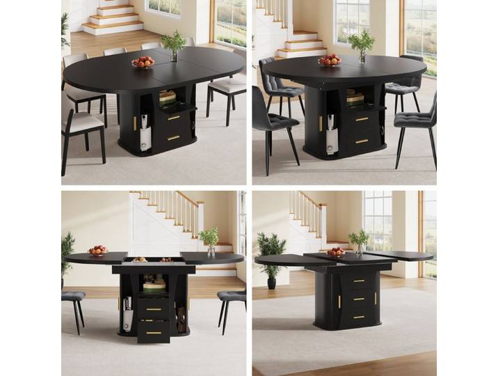 Table pour salle a manger - Table conviviale - plateau ronde - MDF - - Noir