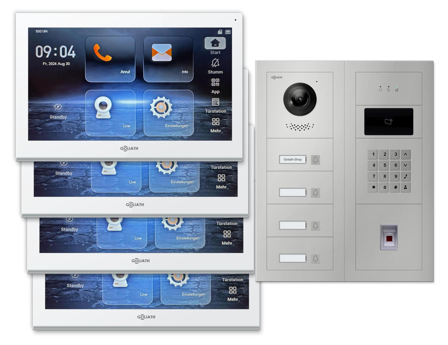 Goliath Premium IP GL-IPH490.5 Video-Türsprechanlage, 4 Familien, 4× 10 Zoll Weiß, Silber, Aufputz, Fingerprint/RFID/Zahlencode + Feedback