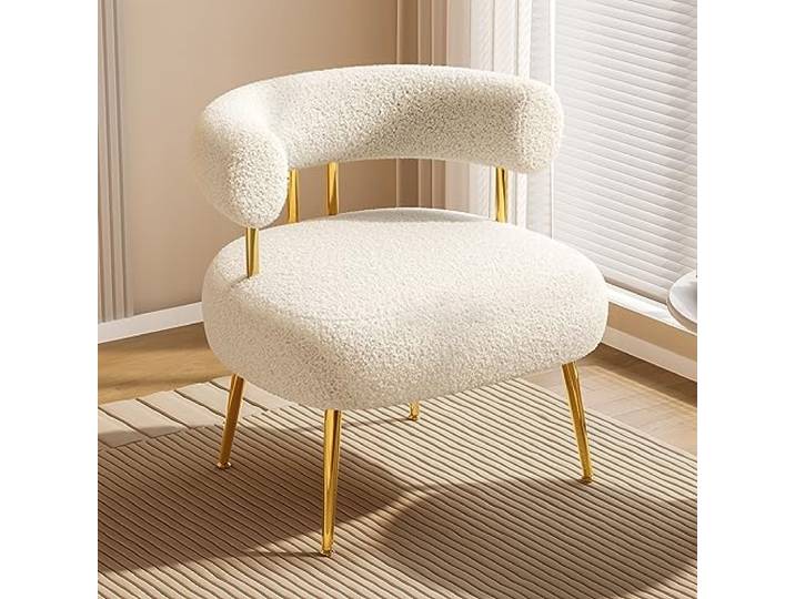 Teddy Sessel mit Sherpa-Bouclé, Polsterstuhl mit goldenen Metallfüßen, Loungesessel mit U-Rückenlehne, Akzentstuhl für Wohnzimmer, Schlafzimmer, Büro oder Schminktisch(Weiß)