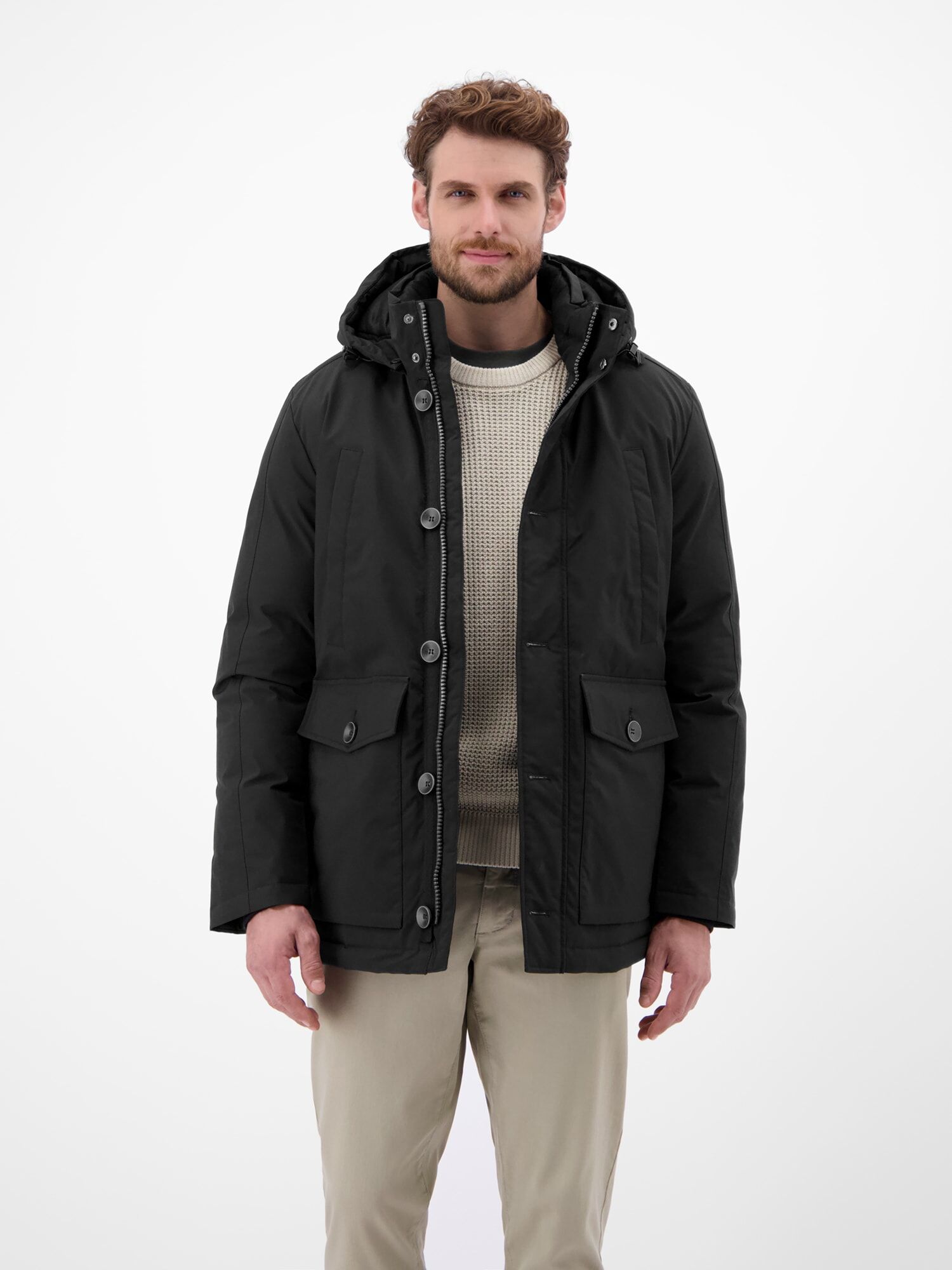Wintermantel LERROS "Herren Wintermantel mit Kapuze", Herren, Gr. L, schwarz, 100% Polyester, Mäntel Wintermantel schwarz L