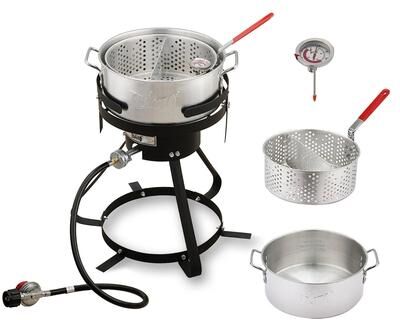 FEASTO 10 Qt Aluminum Outdoor Propane Gas Fryer Pot Kit with Strainer Basket, 50,000 BTU Burner, Perfect for Boiling and Frying