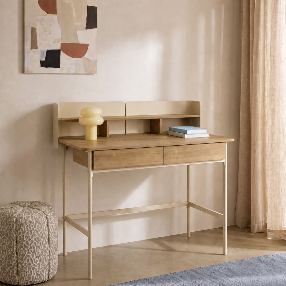 Drawer Bureau 2 tiroirs en bois et métal l100cm - beige Beige 101x99x55cm
