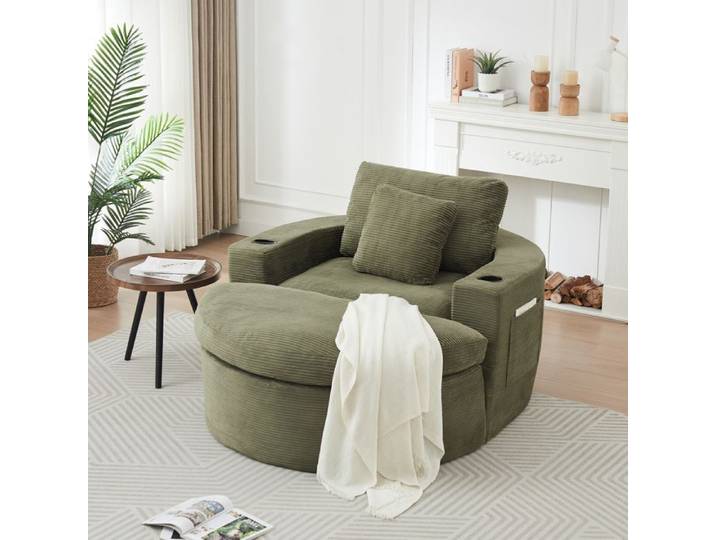 WOVREO Fauteuil lounge rond avec pouf amovible velours côtelé vert porte-gobelets et rangement