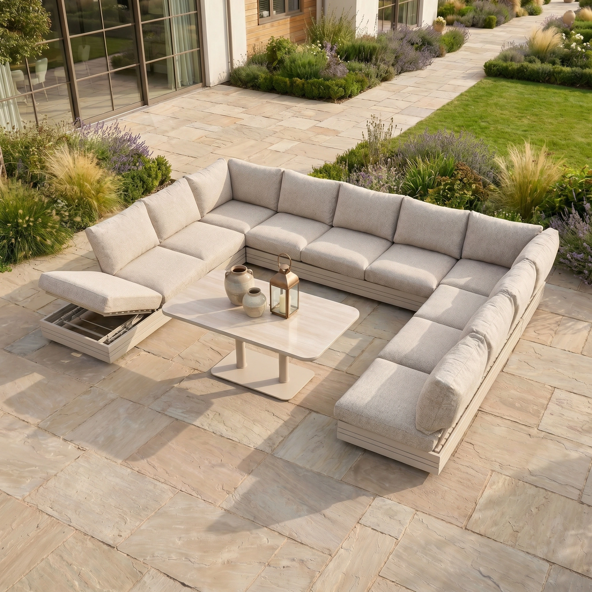 Harbour Lifestyle Savona Luxury Outdoor Large U-Shape Corner Sofa Set with Altura Rising Table in Oatmeal